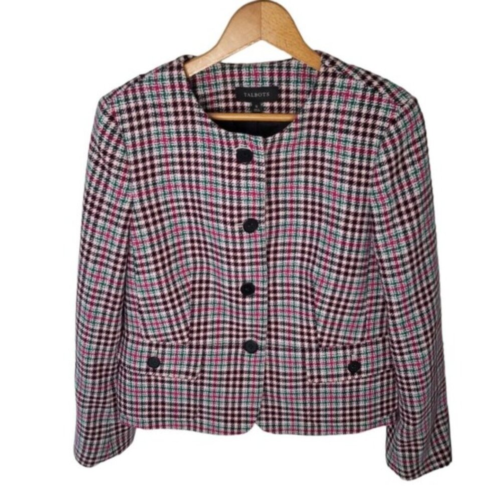 Talbots‎ Blazer Red Green Wool Blend Houndstooth Plaid Preppy Women's 12 Large
